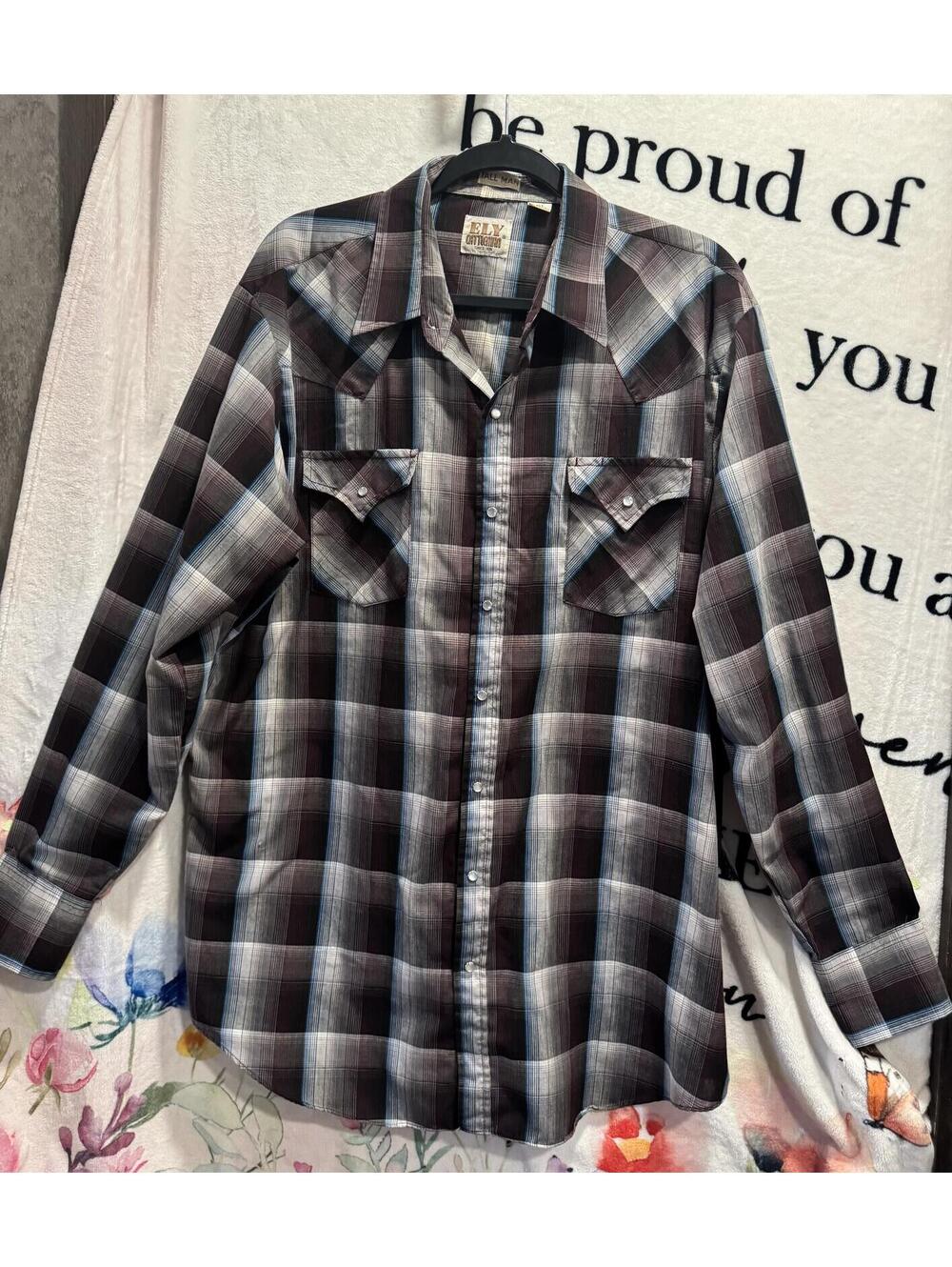 Vintage Ely Cattleman Men's Long-Sleeve Western Style Plaid Shirt, 1980sSize TXL